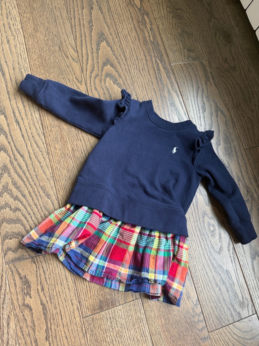 Ralph Lauren Navy Ruffle Shoulder Sweatshirt dress Multicolor Plaid Skirt 2T